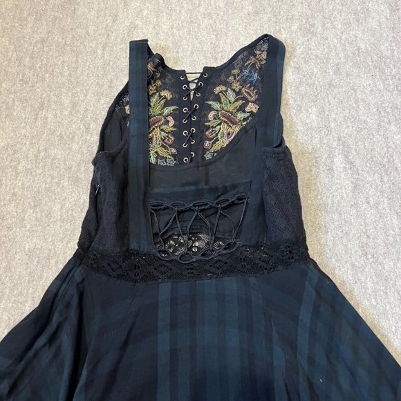 Free People Dress Size 2 Embroidery Insert Lace Up Black High Low Beaded Boho - Picture 6 of 13